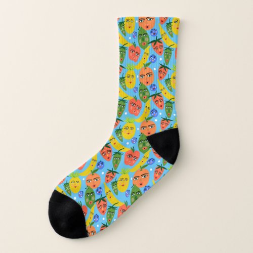 Whimsical Funny Fruit Salad Pattern Blue Socks