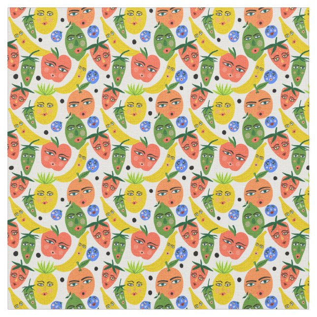 Whimsical Funny Fruit Salad Pattern Fabric (Close Up)