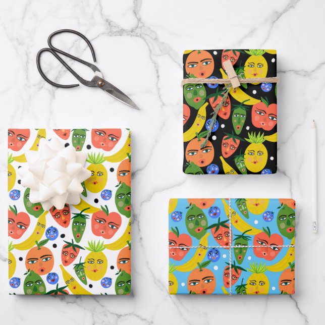 Whimsical Funny Fruit Salad Pattern Variety Pack Wrapping Paper Sheets (Front)