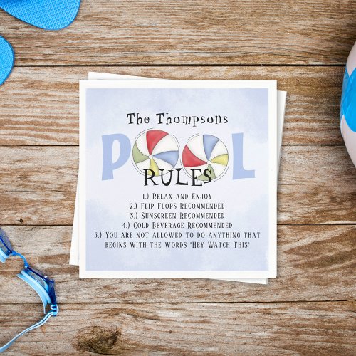 Whimsical Funny Summer Family Beach Pool Rules Napkins