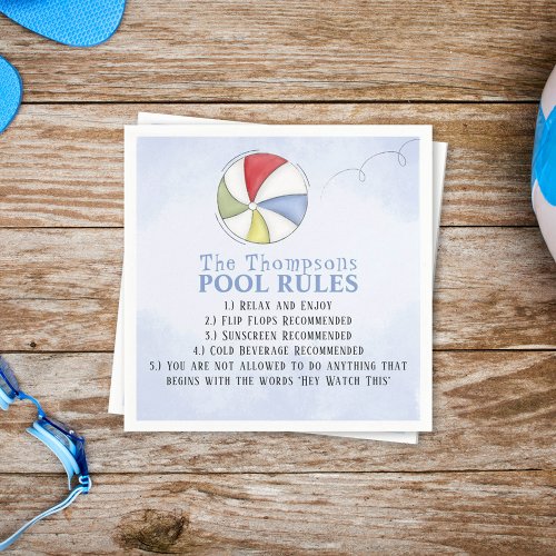 Whimsical Funny Summer Family Beach Pool Rules  Napkins