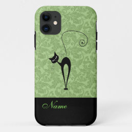 Whimsical Funny trendy black cat damask iPhone 11 Case