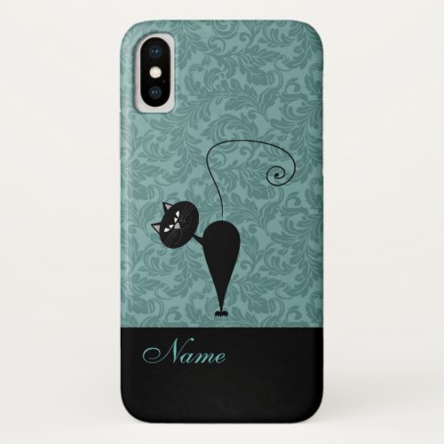 Whimsical Funny trendy black cat damask iPhone X Case