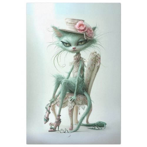 Whimsical Furry Sage Green Cat Decoupage Tissue Paper