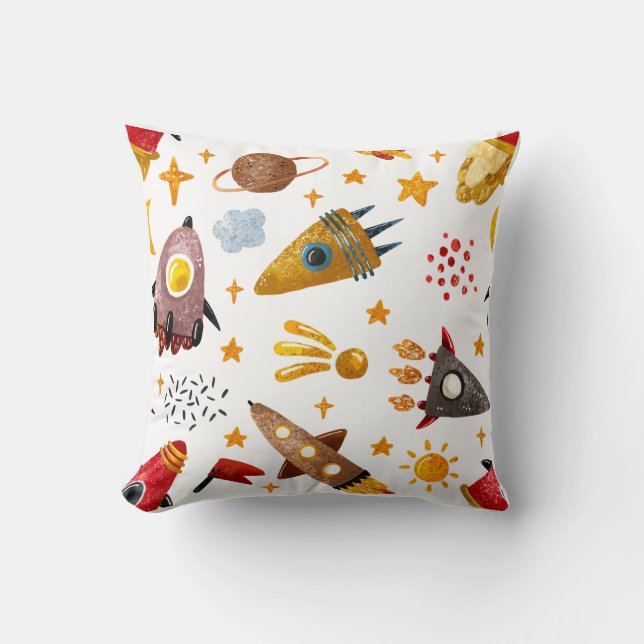 Whimsical Galaxy Rocket Ship Pattern Kids Decor Throw Pillow (Front)