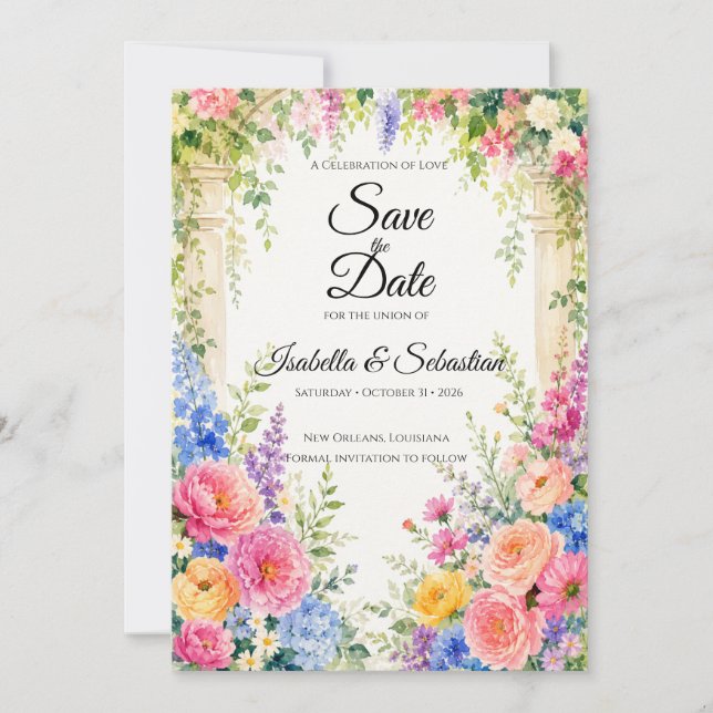 Whimsical Garden Arch Florals Wedding Save The Date (Front)