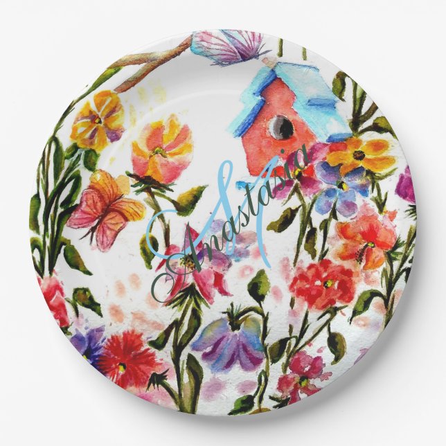 WHIMSICAL GARDEN BIRD HOUSE MONOGRAM PARTY PAPER PLATES (Front)