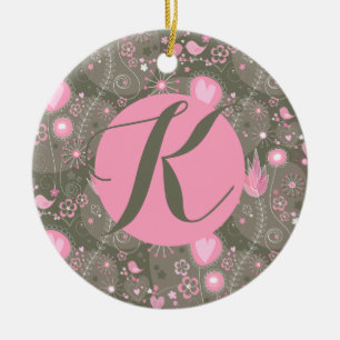 Whimsical Garden Birds Pink Olive Monogram Letter Ceramic Ornament