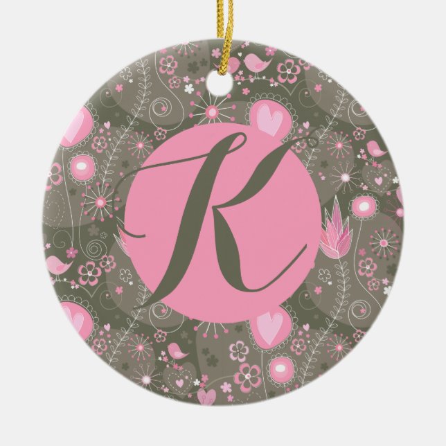 Whimsical Garden Birds Pink Olive Monogram Letter  Ceramic Ornament (Front)