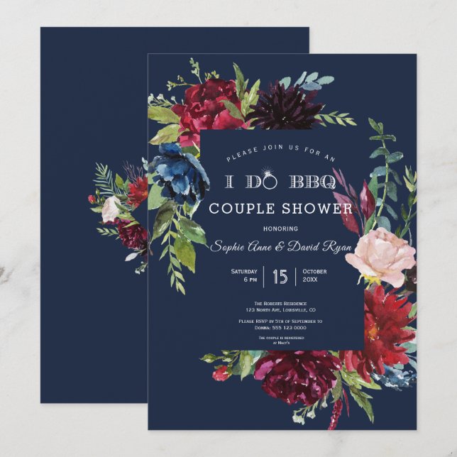 Whimsical Garden Burgundy Blue Flowers I DO BBQ Invitation (Front/Back)