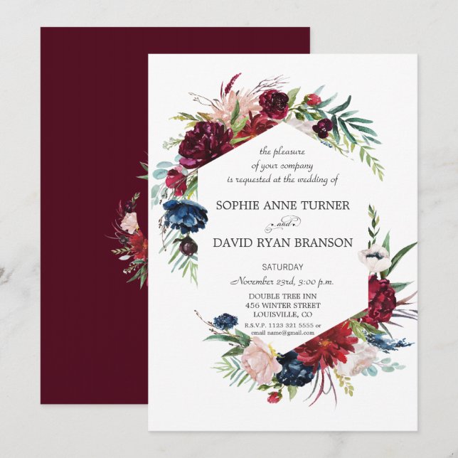 Whimsical Garden Burgundy Blue Flowers Wedding Invitation (Front/Back)