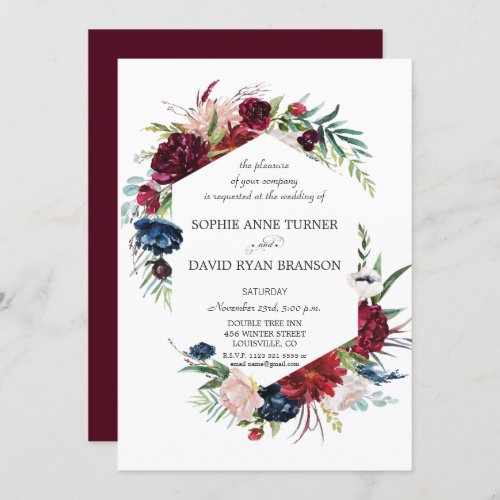 Whimsical Garden Burgundy Blue Flowers Wedding Invitation