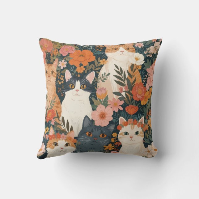 Whimsical Garden Cats Throw Pillow (Back)