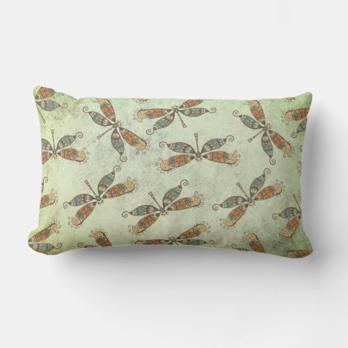 Whimsical Garden Dragonfly Pattern On Sage Green Lumbar Pillow