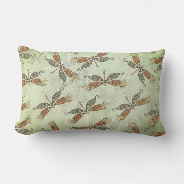 Whimsical Garden Dragonfly Pattern On Sage Green Lumbar Pillow (Front)
