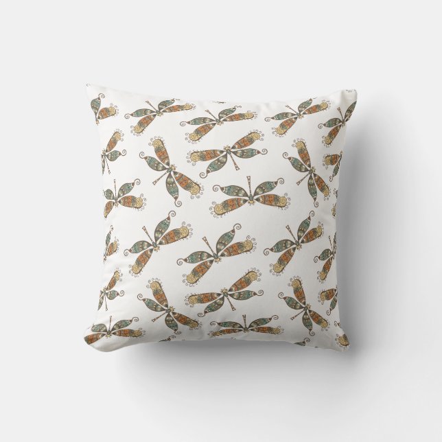 Whimsical Garden Dragonfly Pattern On White Throw Pillow (Front)