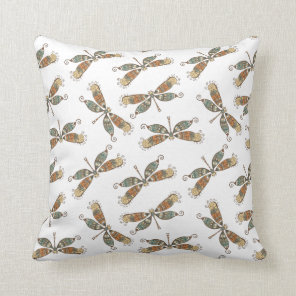 Whimsical Garden Dragonfly Pattern On White Throw Pillow