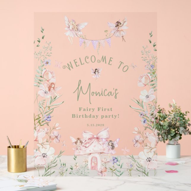 Whimsical garden Fairy First Birthday Welcome Acrylic Sign (Wedding)