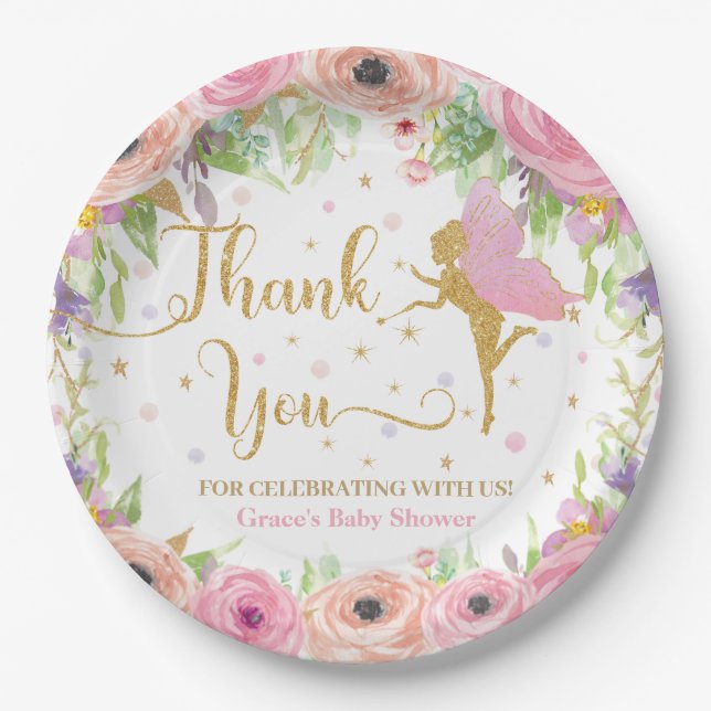 Whimsical Garden Fairy Floral Baby Shower Birthday Paper Plates (Front)