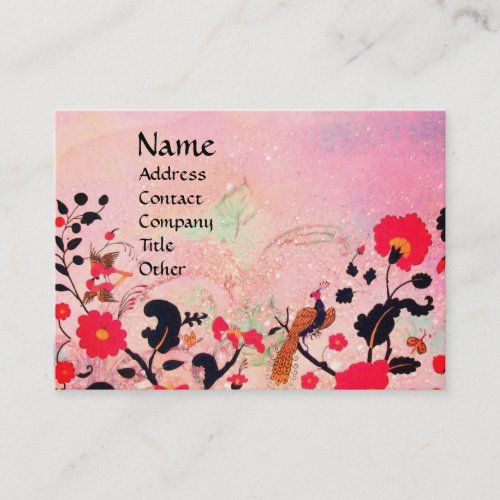 WHIMSICAL GARDEN FLOWERS AND BIRDS IN PINK Floral Business Card