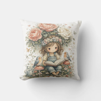 Whimsical Garden Girl Reading with Birds, Flower Throw Pillow