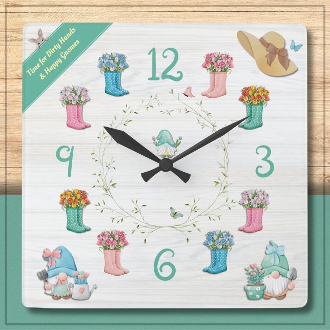 Whimsical Garden Gnome and Floral Boots Square Wall Clock (Sweet Cottagecore Gnome & Boots Garden Clock)