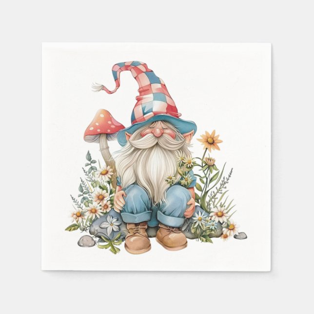 Whimsical Garden Gnome Wildflowers Floral Summer Napkins (Front)