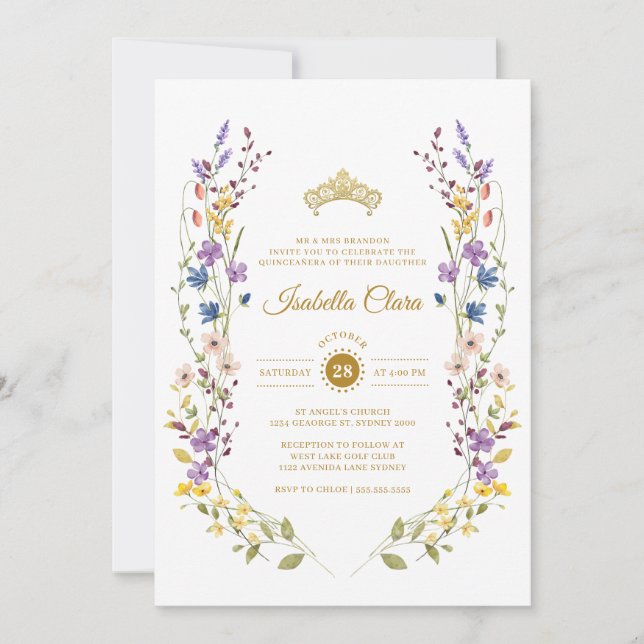 Whimsical Garden Gold Quinceañera Invitations (Front)