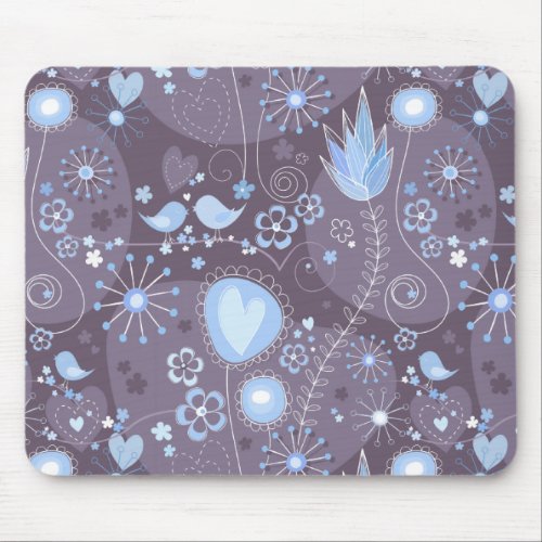 Whimsical garden in blue and grey mouse pad