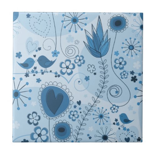 Whimsical garden in blue ceramic tile