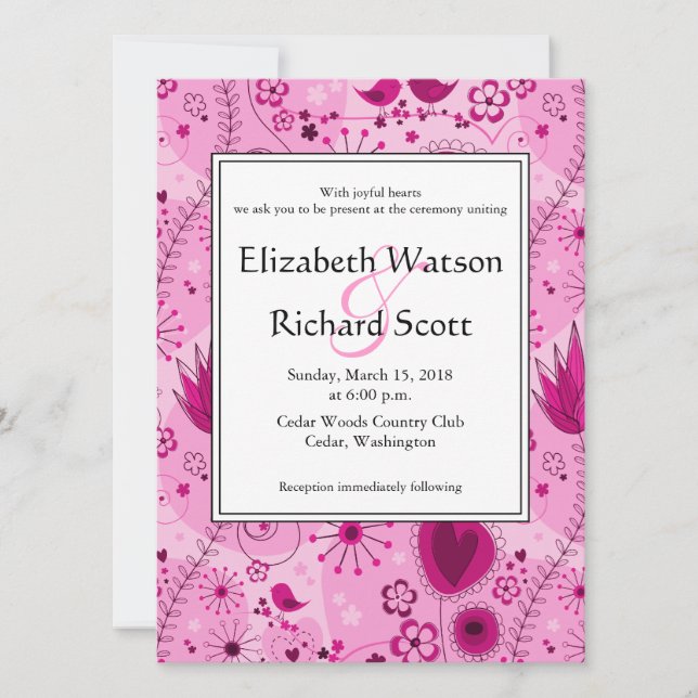 Whimsical Garden in Pink wedding invitation (Front)