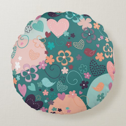 Whimsical Garden in Turquoise Ornament Round Pillo Round Pillow