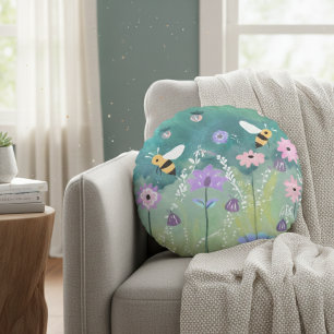 Whimsical Garden Meadow Bees Flowers Fireflies Round Pillow