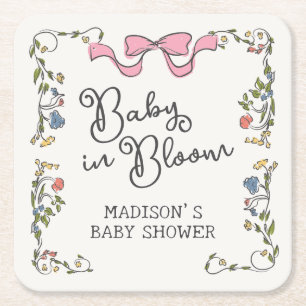 Whimsical Garden Party Doodle Floral Baby Shower Square Paper Coaster