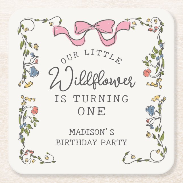 Whimsical Garden Party Doodle Floral Birthday Square Paper Coaster (Front)