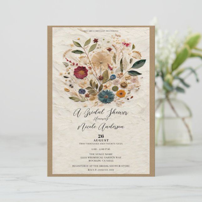 Whimsical Garden Pressed Flowers Bohemian Bridal  Invitation (Standing Front)