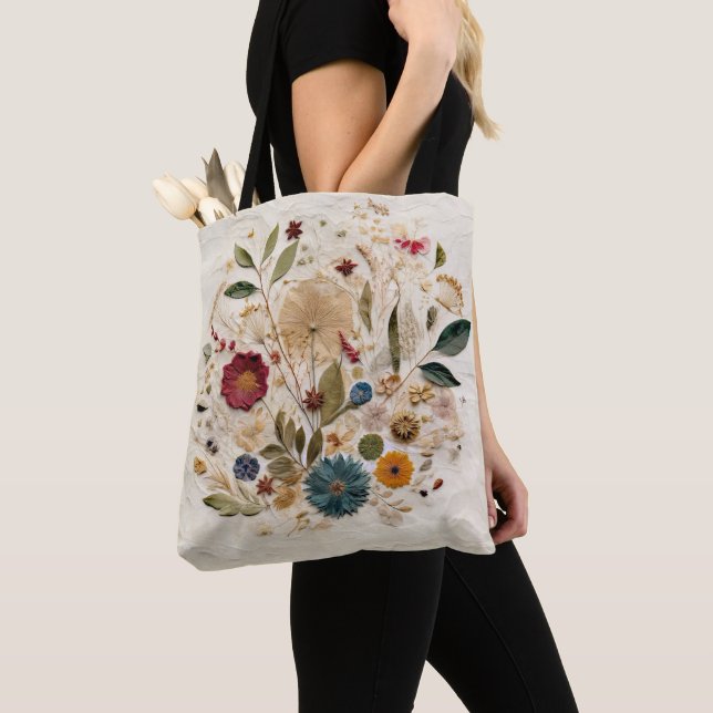 Whimsical Garden Pressed Flowers Bohemian  Tote Bag (Close Up)