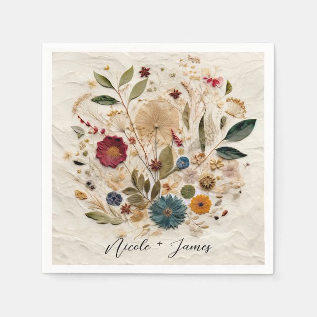 Whimsical Garden Pressed Flowers Bohemian Wedding Napkins (Front)