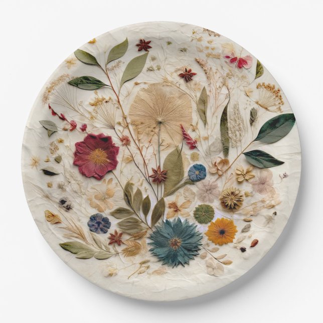 Whimsical Garden Pressed Flowers Bohemian Wedding Paper Plates (Front)
