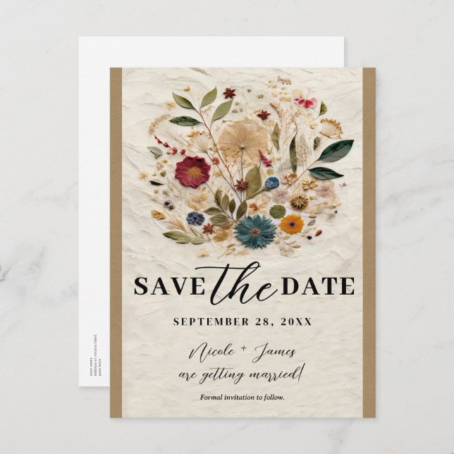 Whimsical Garden Pressed Flowers Save the Date Announcement Postcard (Front/Back)