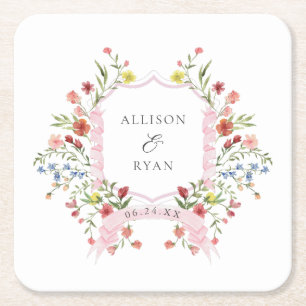 Whimsical Garden Wedding Crest Monogram Square Paper Coaster