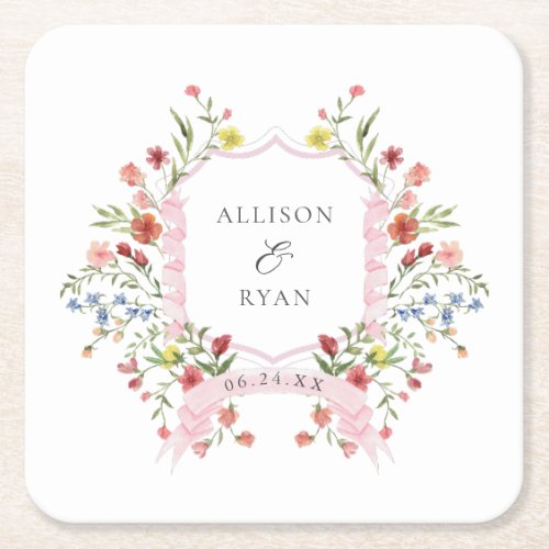 Whimsical Garden Wedding Crest Monogram Square Paper Coaster