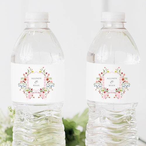 Whimsical Garden Wedding Crest Monogram Water Bottle Label