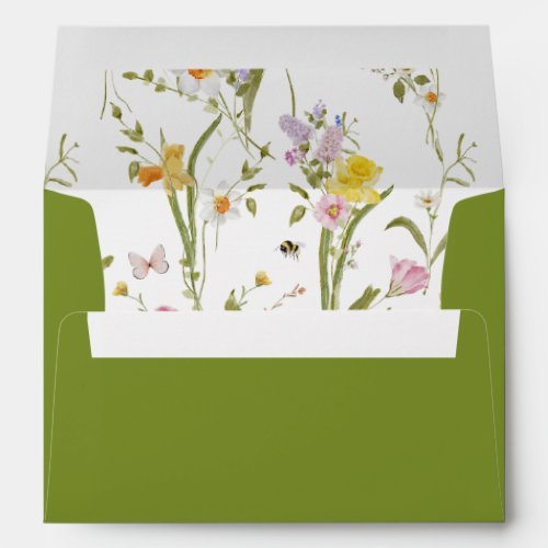 Whimsical Garden Wildflower Pattern Green Wedding  Envelope