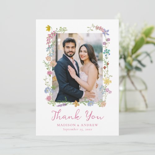 Whimsical Garden Wildflower Photo Wedding Thank You Card
