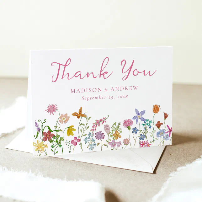 Whimsical Garden Wildflower Photo Wedding Thank You Card | Zazzle