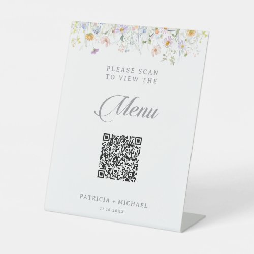 Whimsical Garden Wildflower QR Code Wedding Menu Pedestal Sign