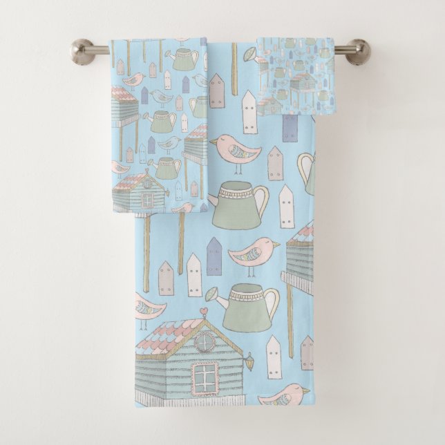 Whimsical Gardener Pattern on Blue Bath Towel Set (Insitu)