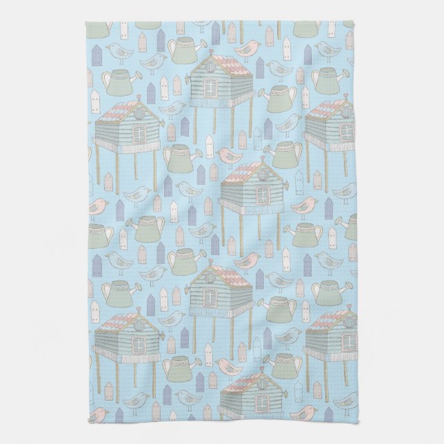 Whimsical Gardener Pattern on Blue Kitchen Towel (Vertical)