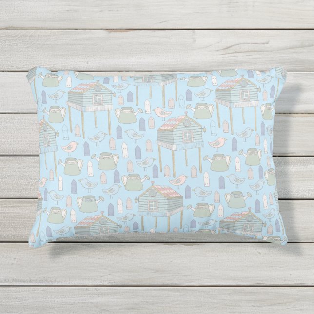 Whimsical Gardener Pattern on Blue Outdoor Outdoor Pillow (Front)